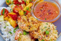 Crispy Coconut Shrimp with Peach Sauce and Coconut Sticky Rice
