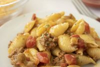 Cheesy Taco Pasta Bake with Ground Beef and Salsa Verde