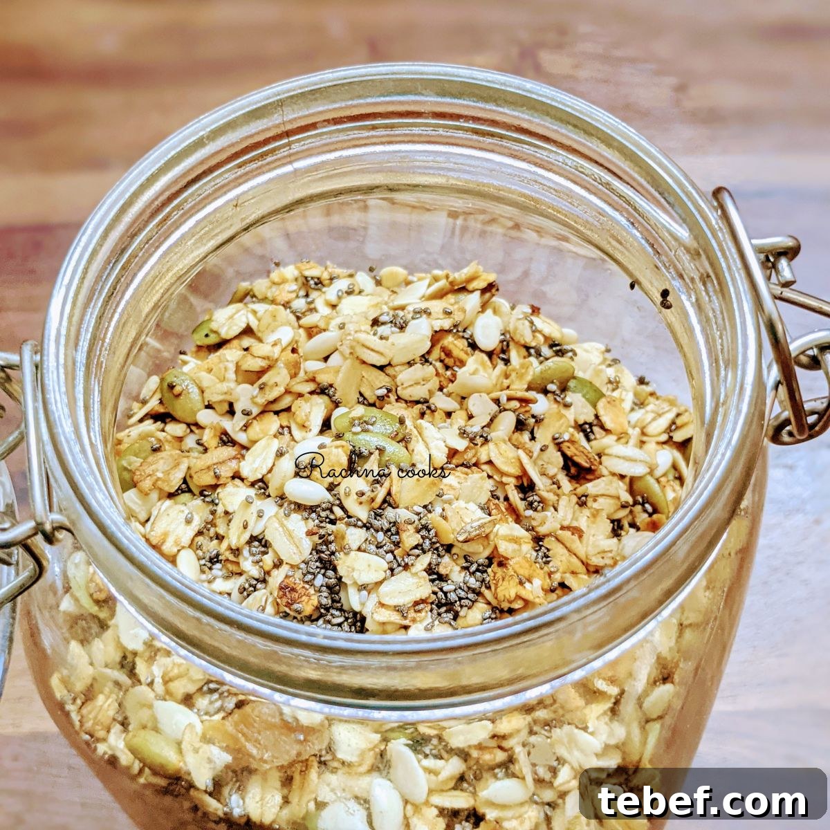 Crunchy Air Fryer Granola Recipe for Perfect Homemade Clusters 2 Top view of air fryer granola in a glass jar.