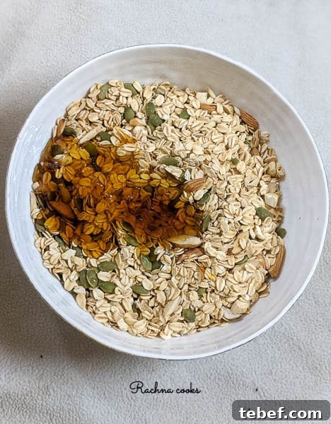 Crunchy Air Fryer Granola Recipe for Perfect Homemade Clusters 7 oats with scattered almonds and pepitas have honey and oil poured on them in a white bowl.