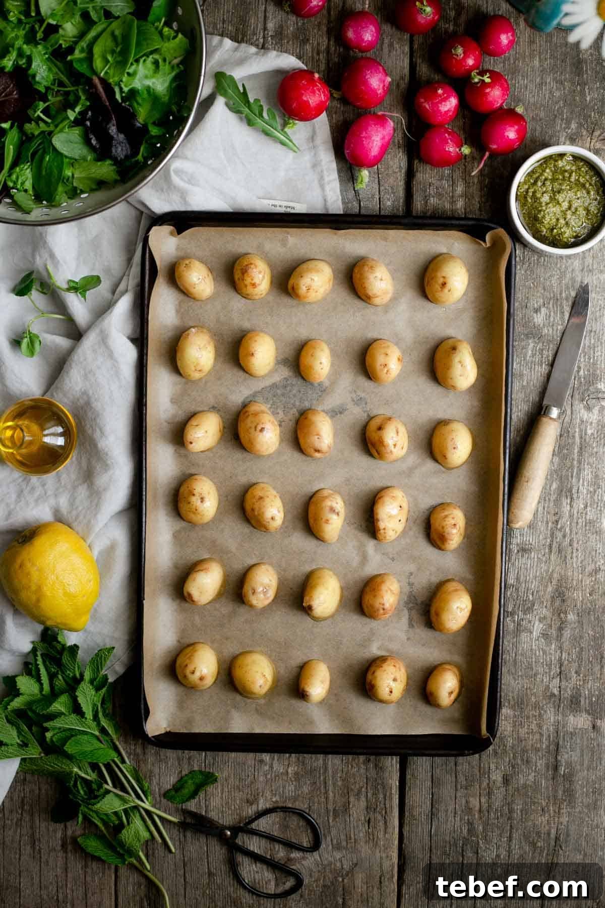 Roasted Baby Potato Salad with Fresh Basil Pesto 3 Roasted new potato salad with crunchy radish and pesto #veganrecipe #healthysalad #summerfood | via @annabanana.co