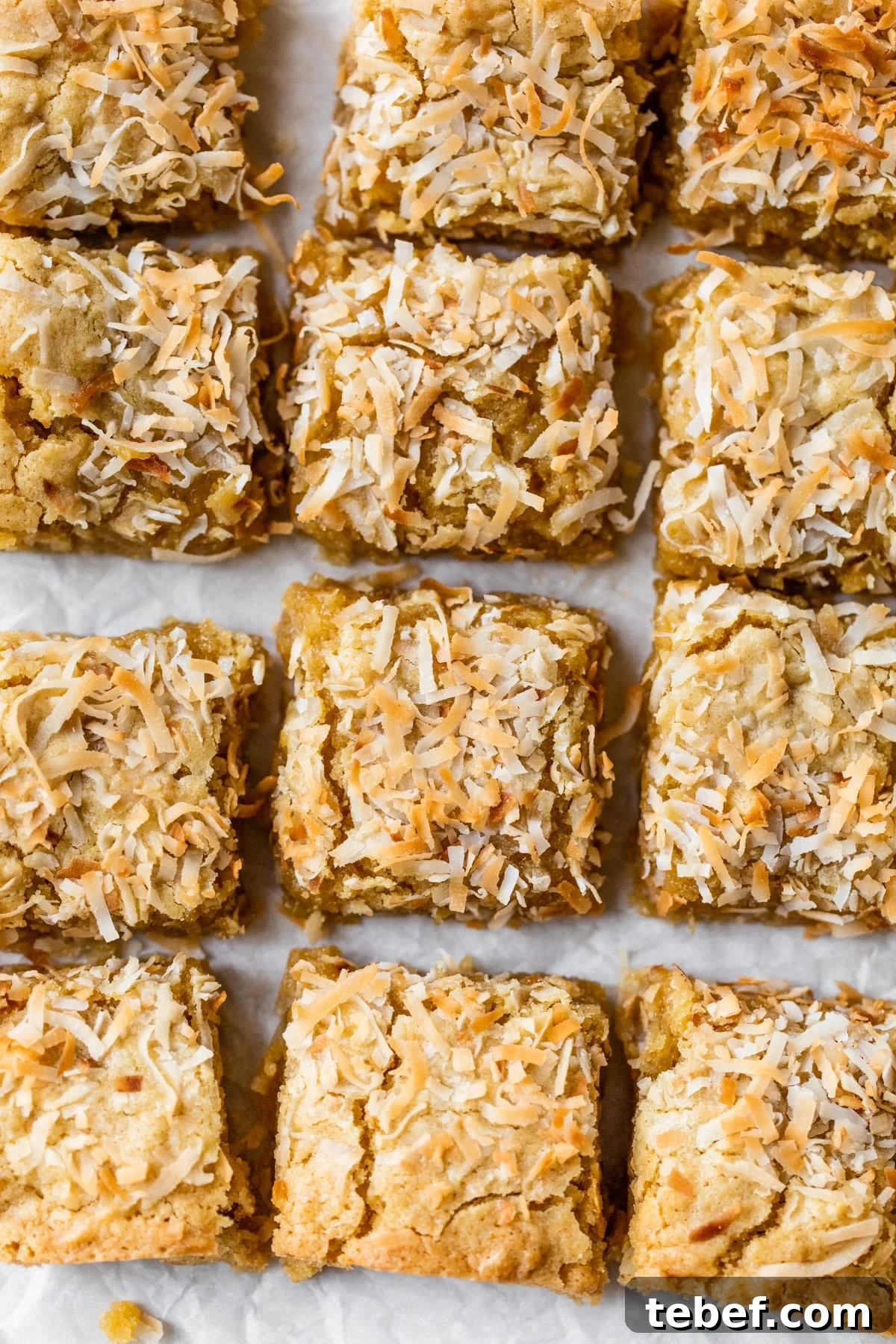 Buttery Coconut Bars Recipe with Crisp Shortbread Crust 3 coconut bars on parchment paper