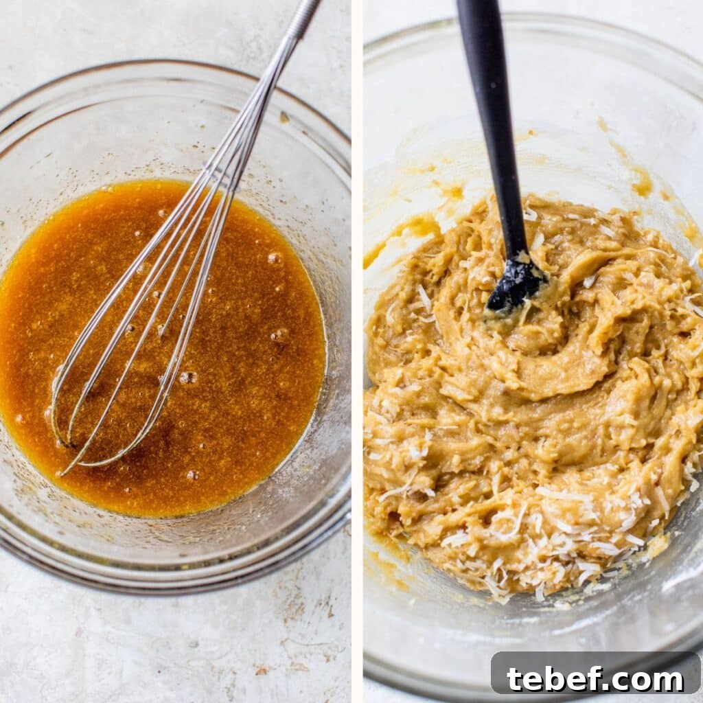 Buttery Coconut Bars Recipe with Crisp Shortbread Crust 4 whisked butter and eggs in a mixing bowl on the left and cookie batter on the right