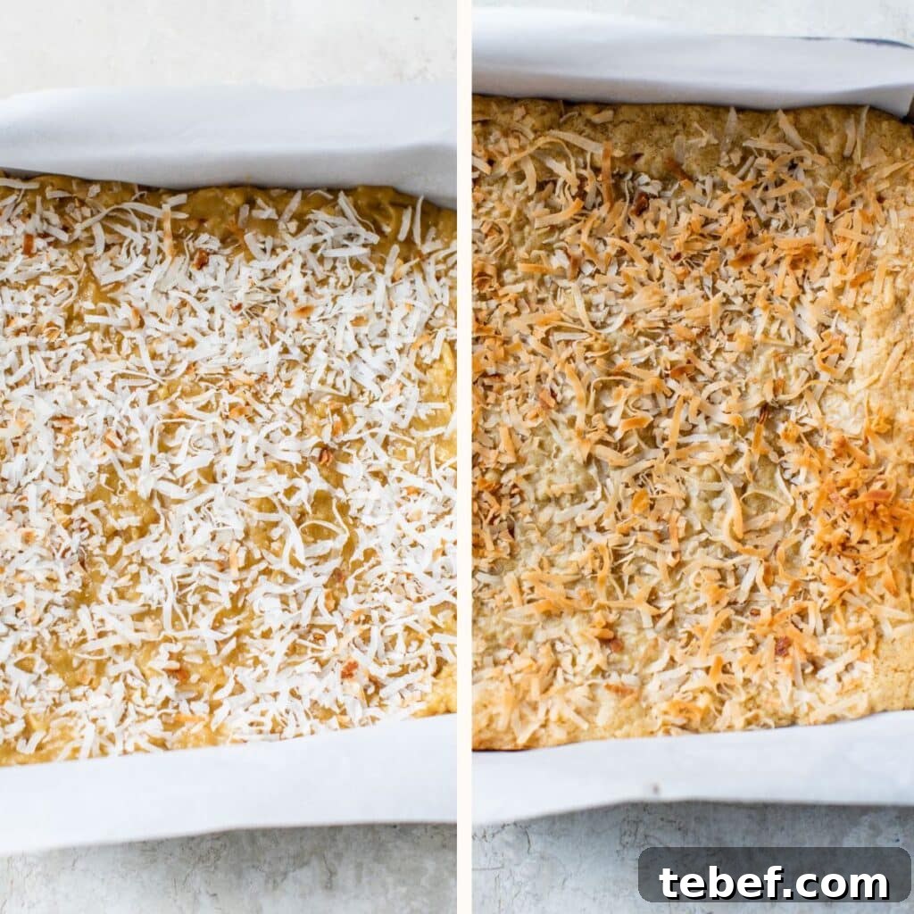 Buttery Coconut Bars Recipe with Crisp Shortbread Crust 5 batter in a squash baking dish topped with shredded toasted coconut