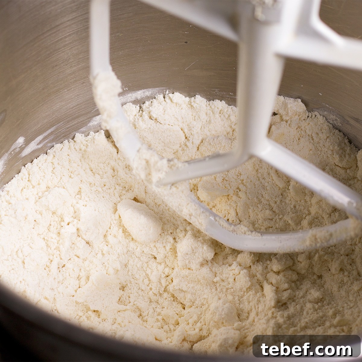 Looking down into the bowl of a stand mixer containing flour that's been mixed with cold butter.