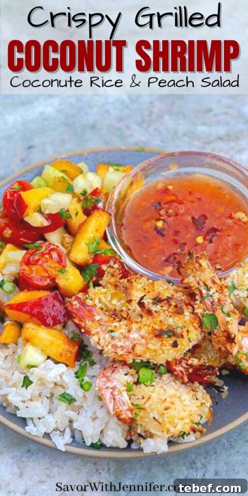 pinterest pin image of Crispy Grilled Coconut Shrimp with Peach Sauce and Coconut Sticky Rice