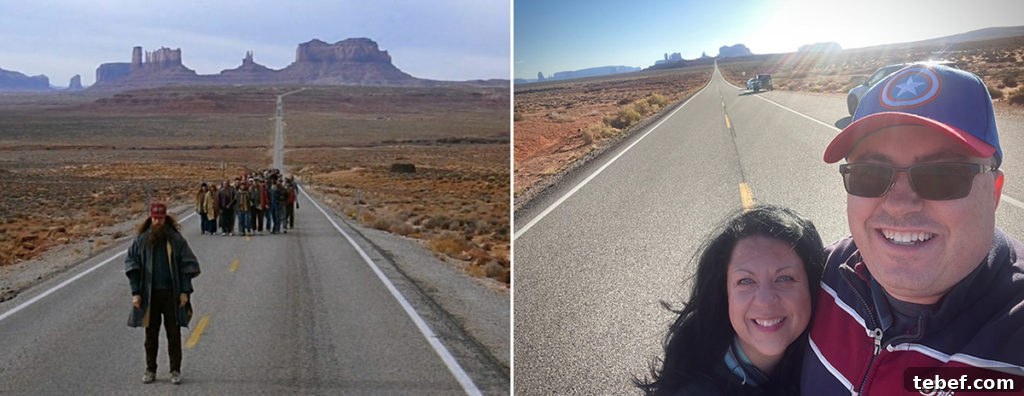 Lost Together: March 2022 Travel Stories and Highlights 15 A photo of the scene in the Movie, Forest Gump, when Forest stops running and decides to go home and a photo of Steve and Rebecca standing in the same spot where that scene was filmed.