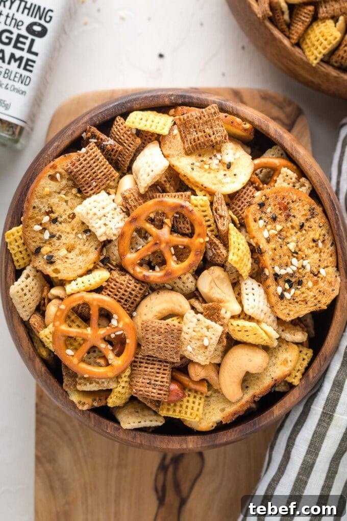 Everything Bagel Chex Mix Recipe — Crunchy Savory Snack Mix 3 Close-up of homemade Chex mix and Trader Joe's everything but the bagel seasoning.