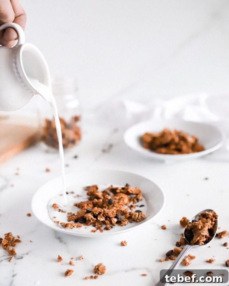 Chocolate Chip Oatmeal Cookie Granola: Crunchy Homemade Recipe 3 the best ever gluten free vegan granola recipe with milk in a bowl with milk pouring into it