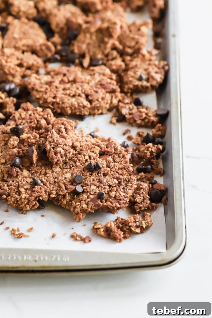 Chocolate Chip Oatmeal Cookie Granola: Crunchy Homemade Recipe 4 crunchy easy homemade granola chocolate chip cookie recipe on a cookie sheet with dark chocolate chips