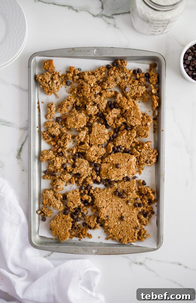 Chocolate Chip Oatmeal Cookie Granola: Crunchy Homemade Recipe 6 top down view of homemade easy gluten free vegan chocolate chip granola recipe
