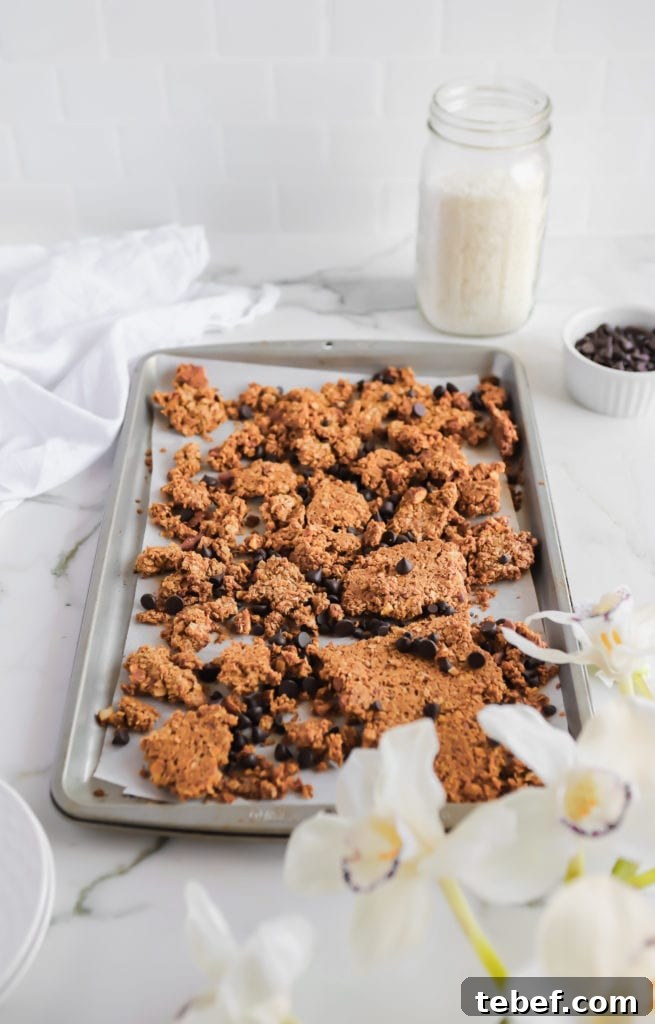 Chocolate Chip Oatmeal Cookie Granola: Crunchy Homemade Recipe 7 the best ever homemade chocolate oatmeal cookie granola recipe on a lined baking sheet with a glass of milk in background