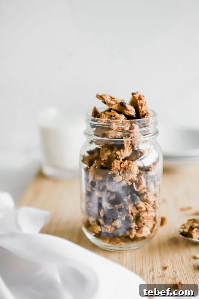 Chocolate Chip Oatmeal Cookie Granola: Crunchy Homemade Recipe 8 healthy gluten free vegan chocolate chip oatmeal cookie granola recipe in a glass jar