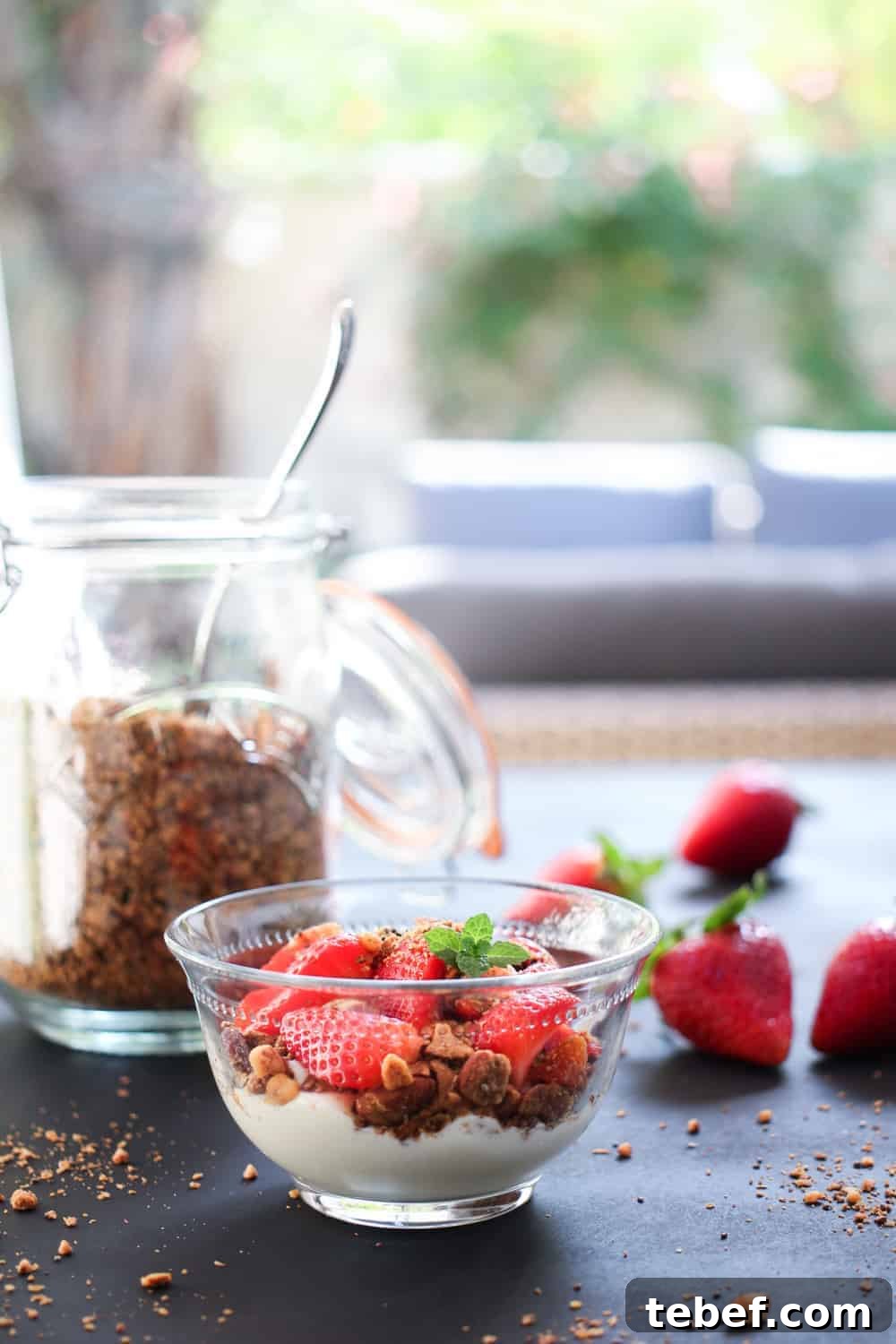 Crispy Roasted Buckwheat & Toasted Coconut Granola Recipe 3 Pinterest graphic showing Roasted Buckwheat and Coconut Granola - This deep-roasted crunchy, nutty granola is delicious with some coconut yoghurt and fresh berries for a healthy plant-based breakfast.