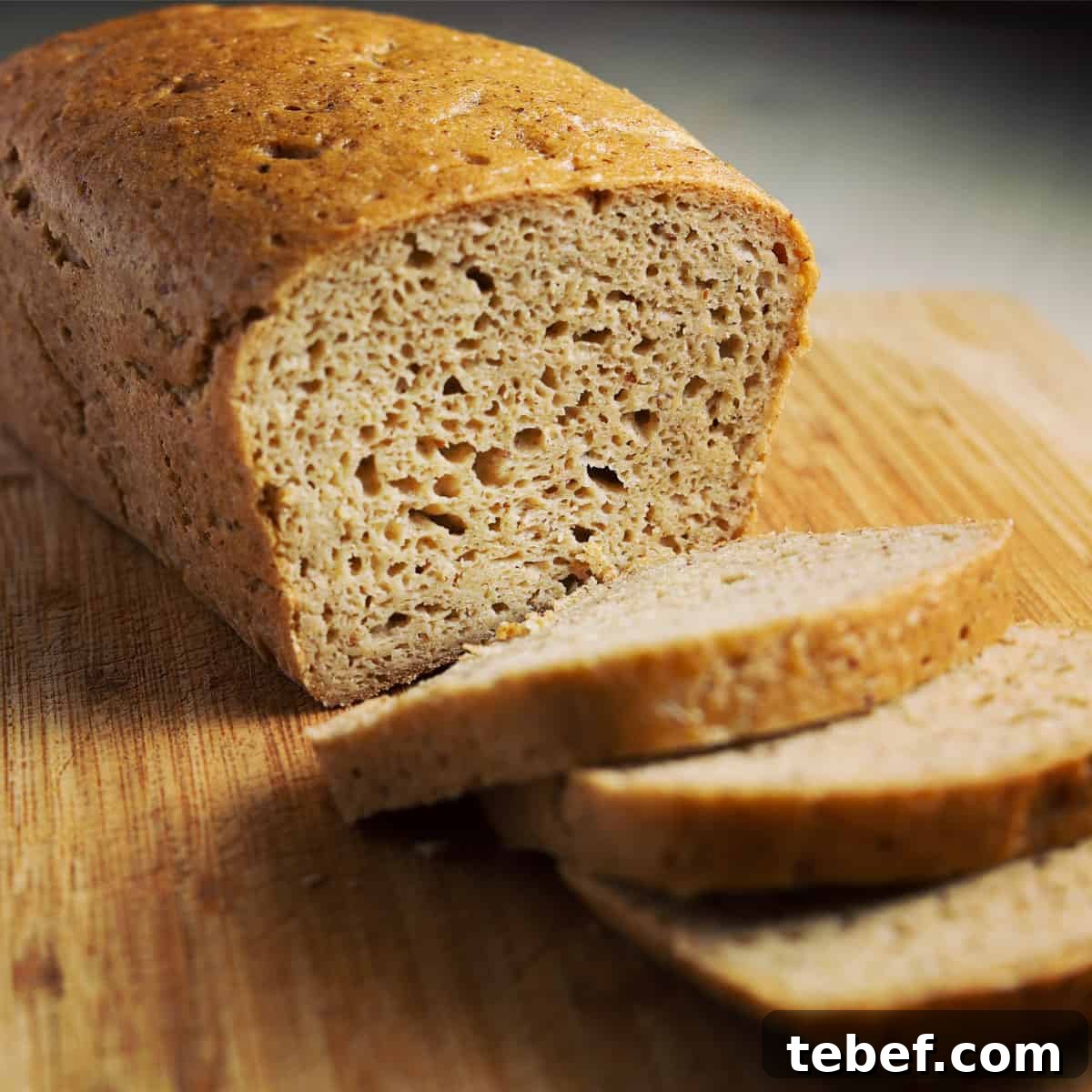 a loaf of vegan gluten free bread with three slices cut and fallen flat on the chopping board in front of the loaf showing the open crumb inside.
