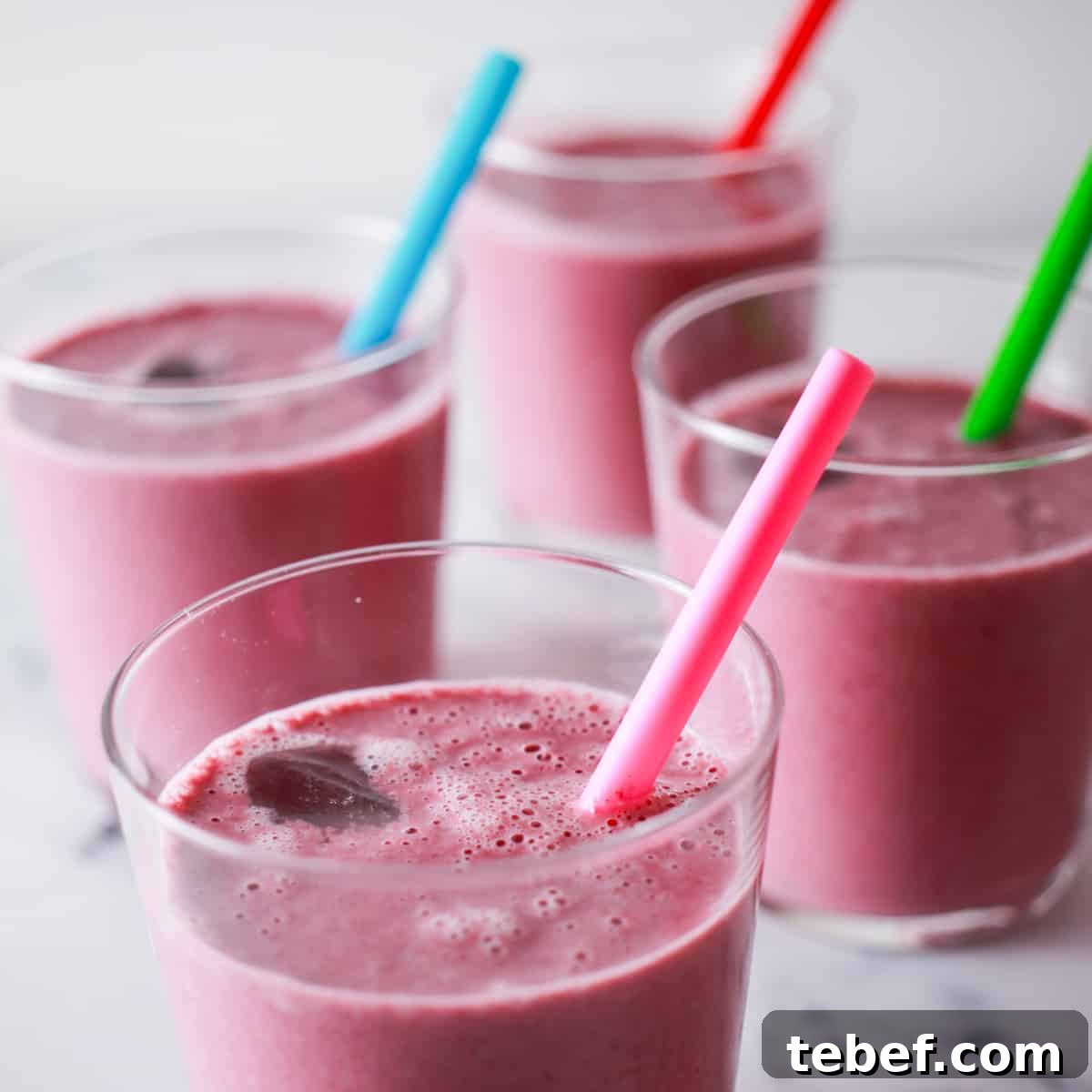 photo of a marble worktop with four glasses of berry, oat and banana smoothie with colourful straws sticking out of them.
