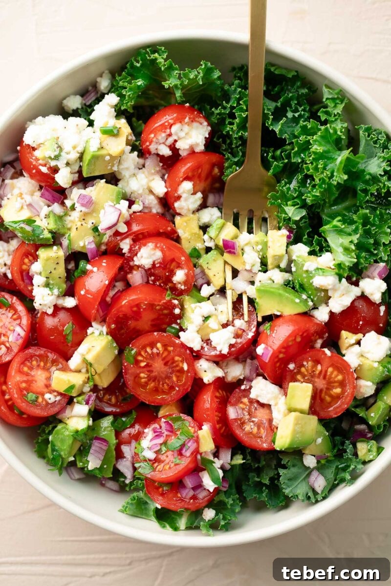 Avocado and Kale Salad with Cherry Tomatoes & Feta 2 Kale Salad with avocado, red onion, tomatoes, and feta