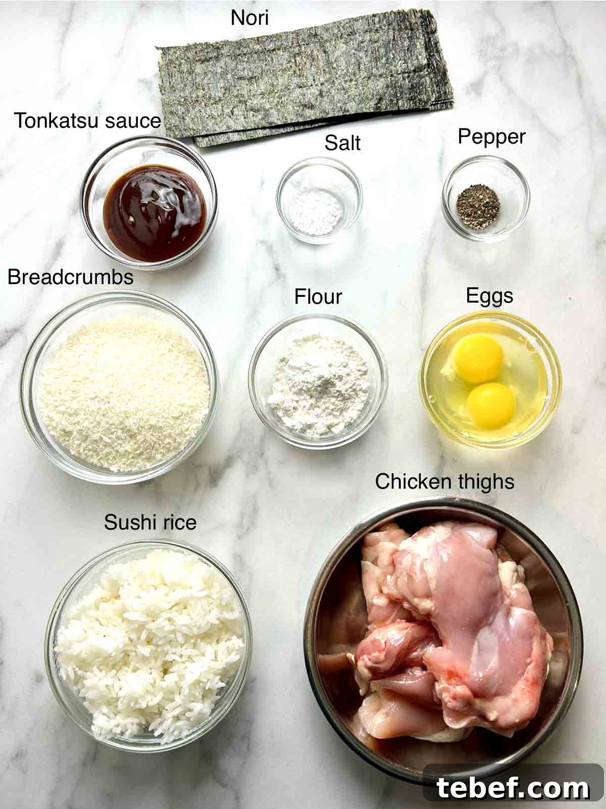 Chicken Katsu Musubi Recipe: How to Make Japanese Fried Chicken Rice Balls 5 ingredients prepped in bowls