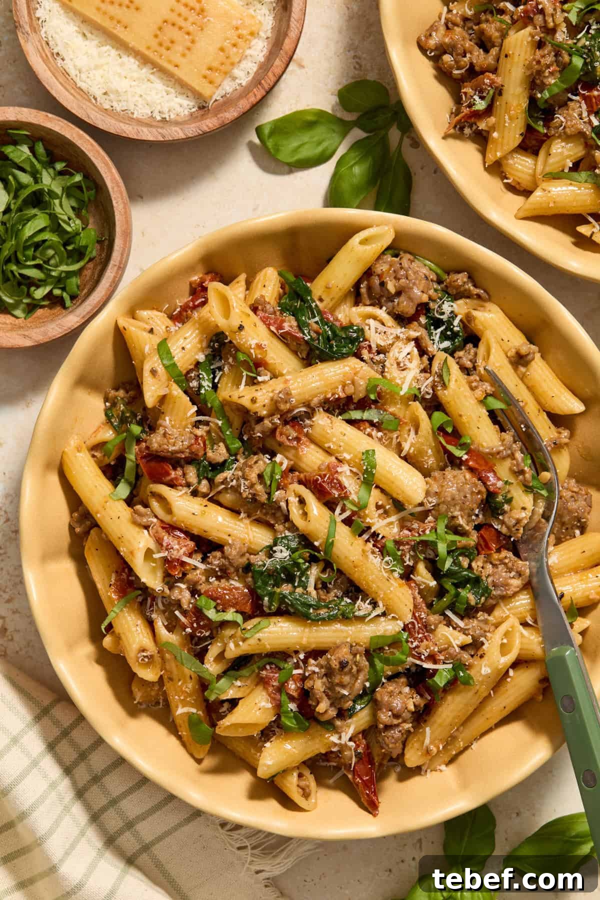 Sun-Dried Tomato Pasta with Savory Italian Sausage 2 Plate with serving of sun-dried tomato pasta with Italian sausage topped with chopped basil.