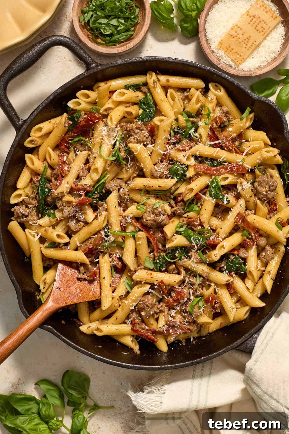 Pasta in skillet topped with chopped basil.