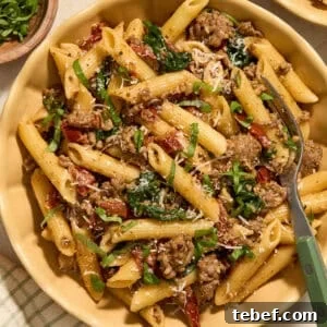 Sun-Dried Tomato Pasta with Savory Italian Sausage 12 Plate with sun-dried tomato pasta topped with parmesan and chopped basil.