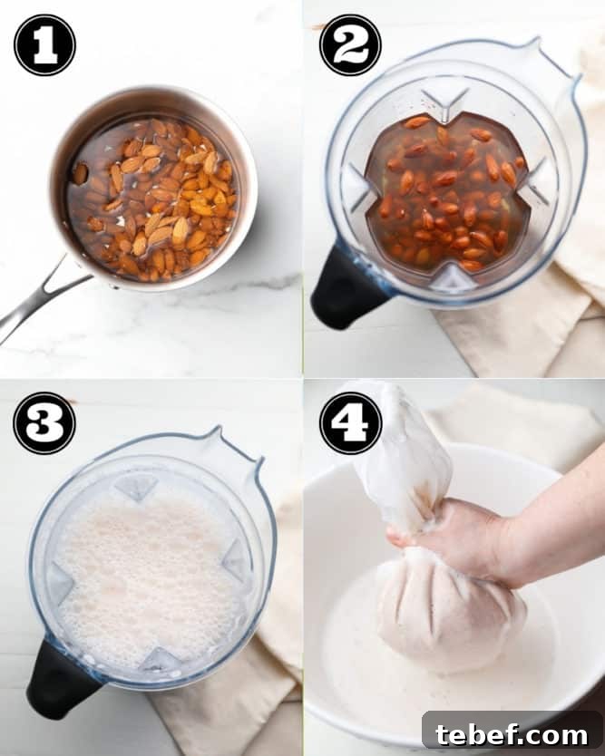 Almond Milk from Soaked Almonds: Quick Soak Method Guide 4 collage with step by step photos of making almond milk