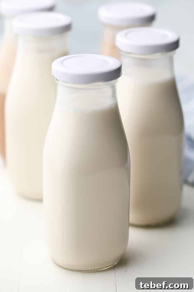 Almond Milk from Soaked Almonds: Quick Soak Method Guide 6 jars with milk in them, some with chocolate in the back