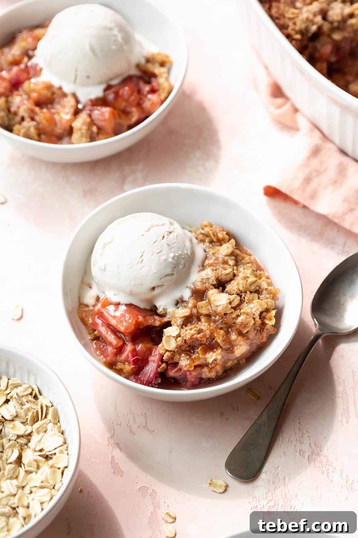 Two bowls of vegan, gluten-free rhubarb crisp with vanilla ice cream next to the larger casserole dish filled with the rest of the dessert.