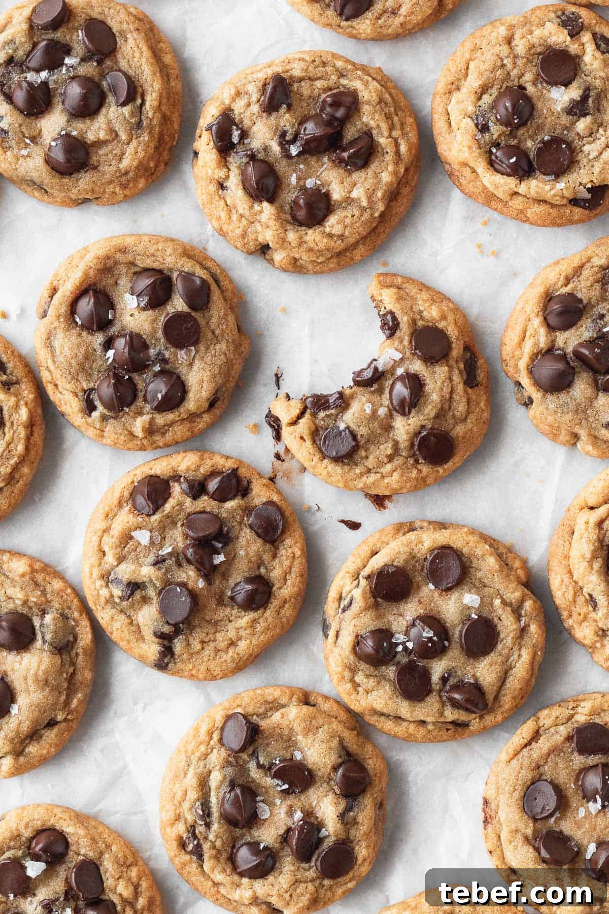 A bunch of gluten-free and dairy-free chocolate chip cookies on a piece of parchment with one in the middle that has a bite taken out.
