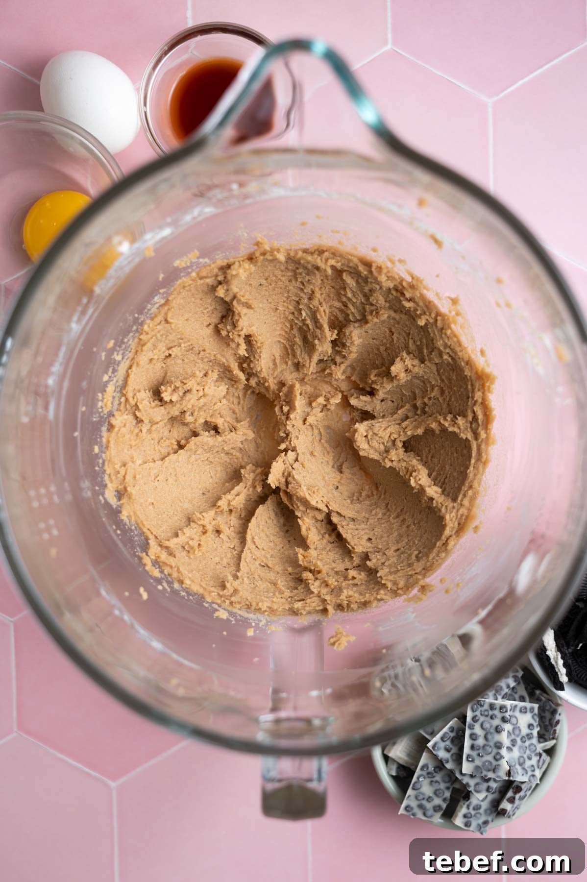 butter, brown and white sugars creamed together in a mixing bowl