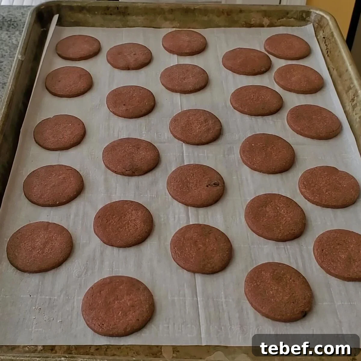 Gluten-Free Thin Mints: Girl Scout Cookie Copycat Recipe 10 baked cookies on parchment-lined baking sheet.
