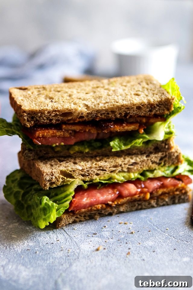 Crispy Tempeh BLT Sandwich — Vegan Bacon, Lettuce & Tomato 2 Vegan Tempeh BLT Sandwich