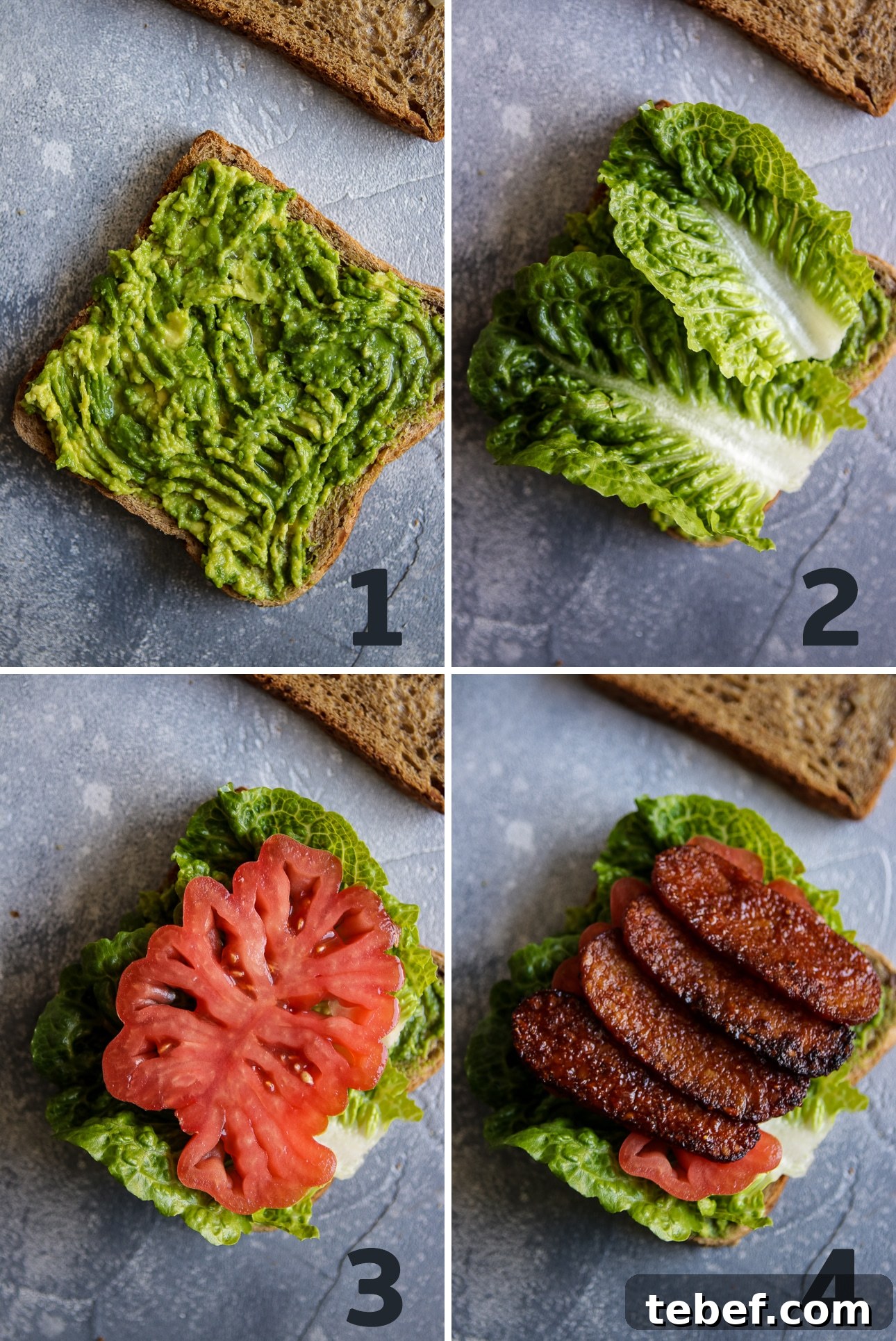 Crispy Tempeh BLT Sandwich — Vegan Bacon, Lettuce & Tomato 4 Collage with four steps of Vegan BLT Sandwich preparation