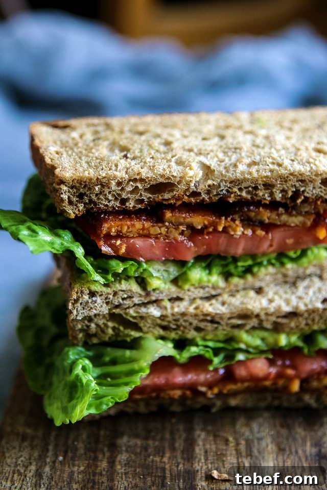 Crispy Tempeh BLT Sandwich — Vegan Bacon, Lettuce & Tomato 5 Vegetarian BLT Sandwich Closeup