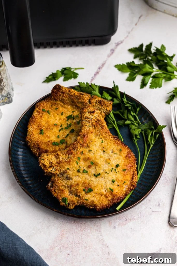 Crispy Gluten-Free Pork Chops in the Air Fryer 2 Lightly breaded pork chops on a blue plate garnished with parsley