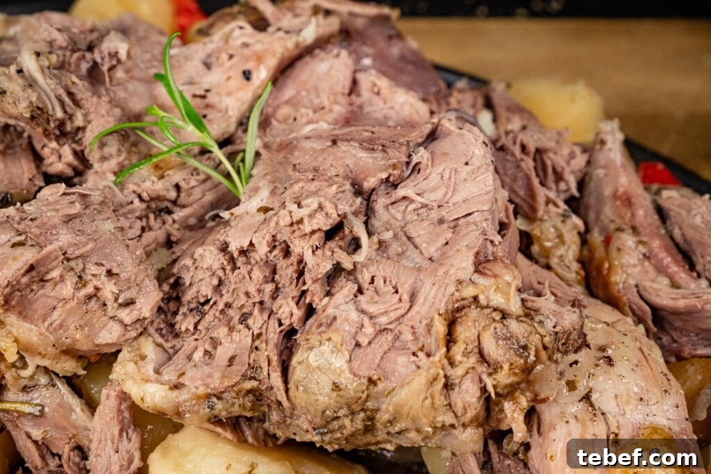 Soft tender chunks of lamb kleftiko taken off the bone with rosemary sprig on top.