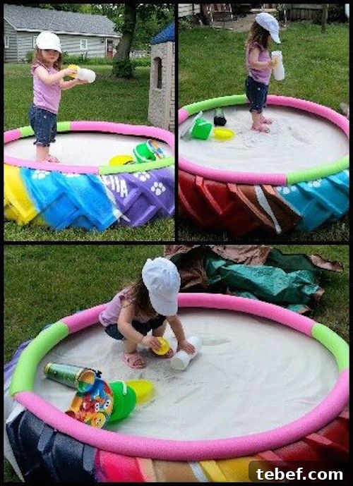 Make a sandbox with an old tractor tire and some noodles!