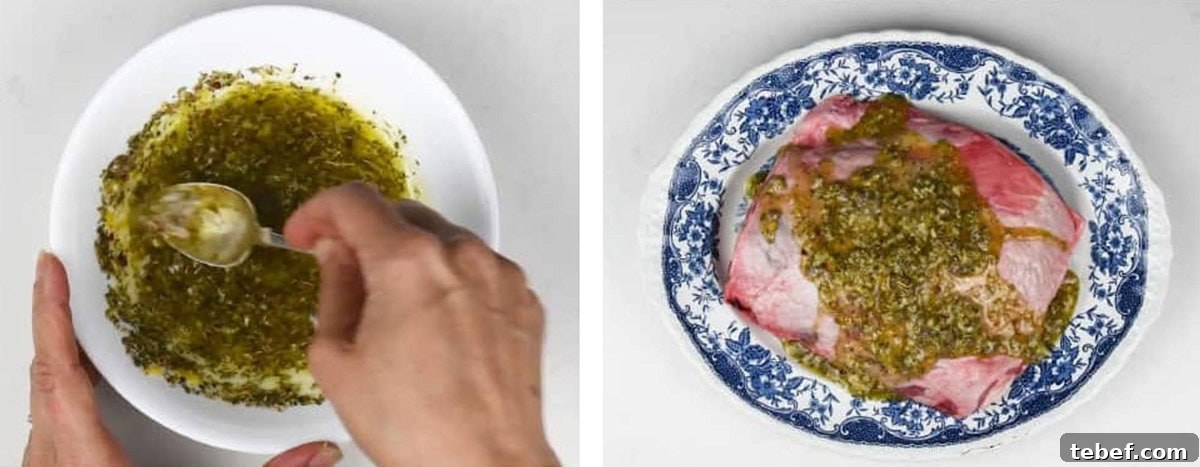 A hand stirs a herb and oil marinade in a white bowl; raw meat is coated with the marinade