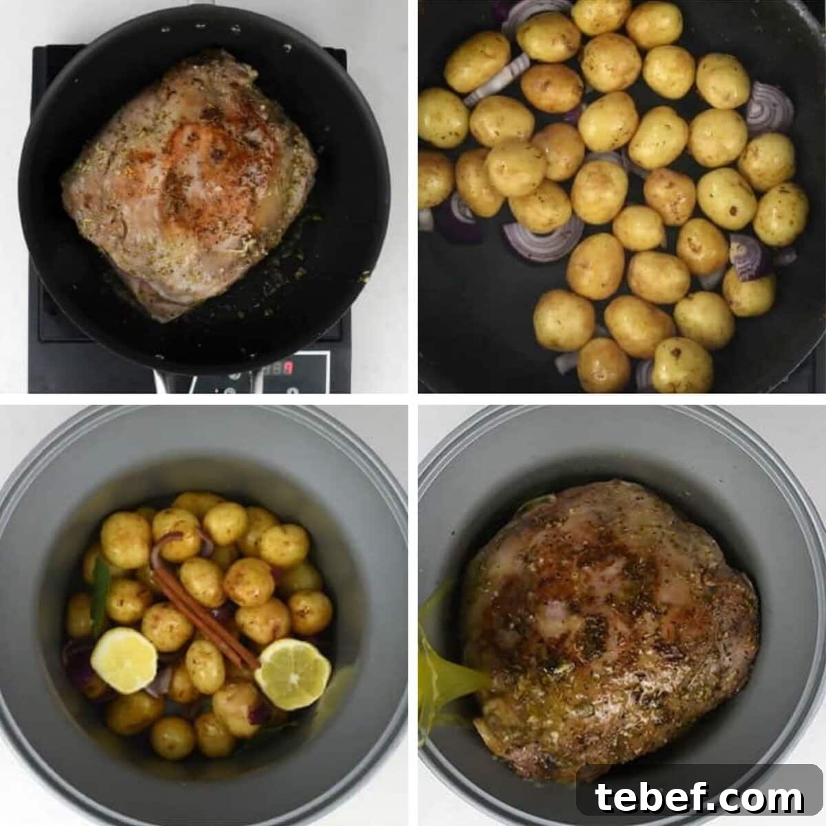 Steps of making Lamb Kleftiko: searing roast, cooking potatoes, layering and slow cooking