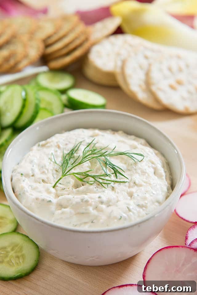 Creamy Smoked Salmon Spread Recipe for Bagels & Appetizers 2 Smoked Salmon Spread - in Bowl with Dill, Cucumbers, Radish, and Crackers