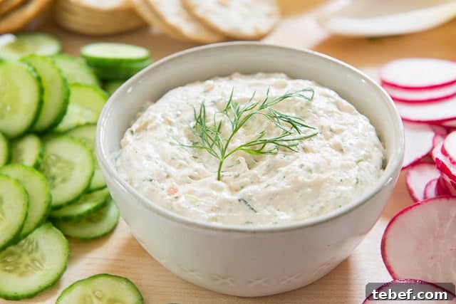 Creamy Smoked Salmon Spread Recipe for Bagels & Appetizers 6 Salmon Spread Recipe - in White bowl and Dill Garnish With Crackers, Vegetables on Board