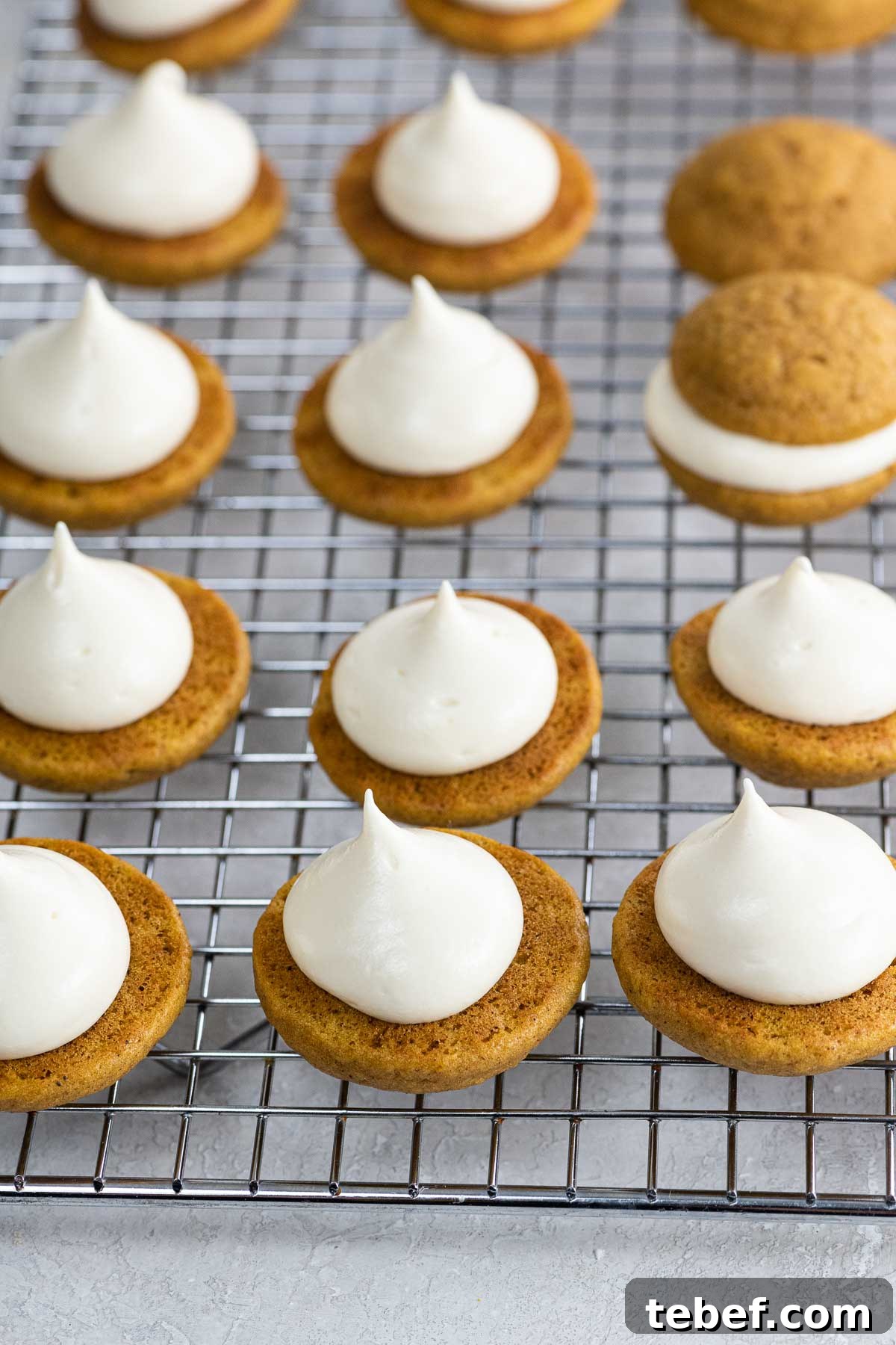 Mini Pumpkin Whoopie Pies with Cream Cheese Filling Recipe 6 mini pumpkin whoopie pies on a cooling rack