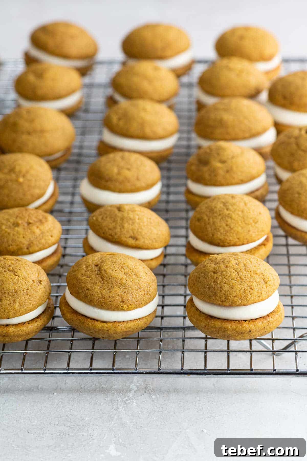 Mini Pumpkin Whoopie Pies with Cream Cheese Filling Recipe 7 mini pumpkin whoopie pies on a cooling rack