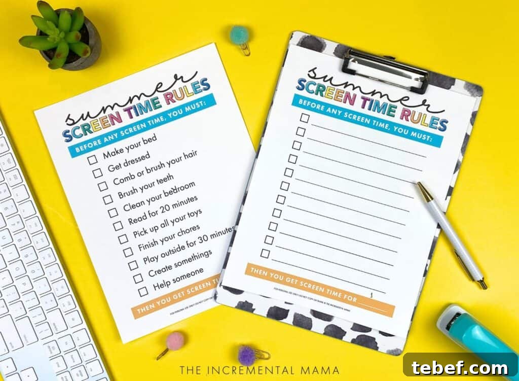 Printable Kids Screen Time Checklist Bundle — Daily Schedules & Limits 4 daily summer screen time rules printable