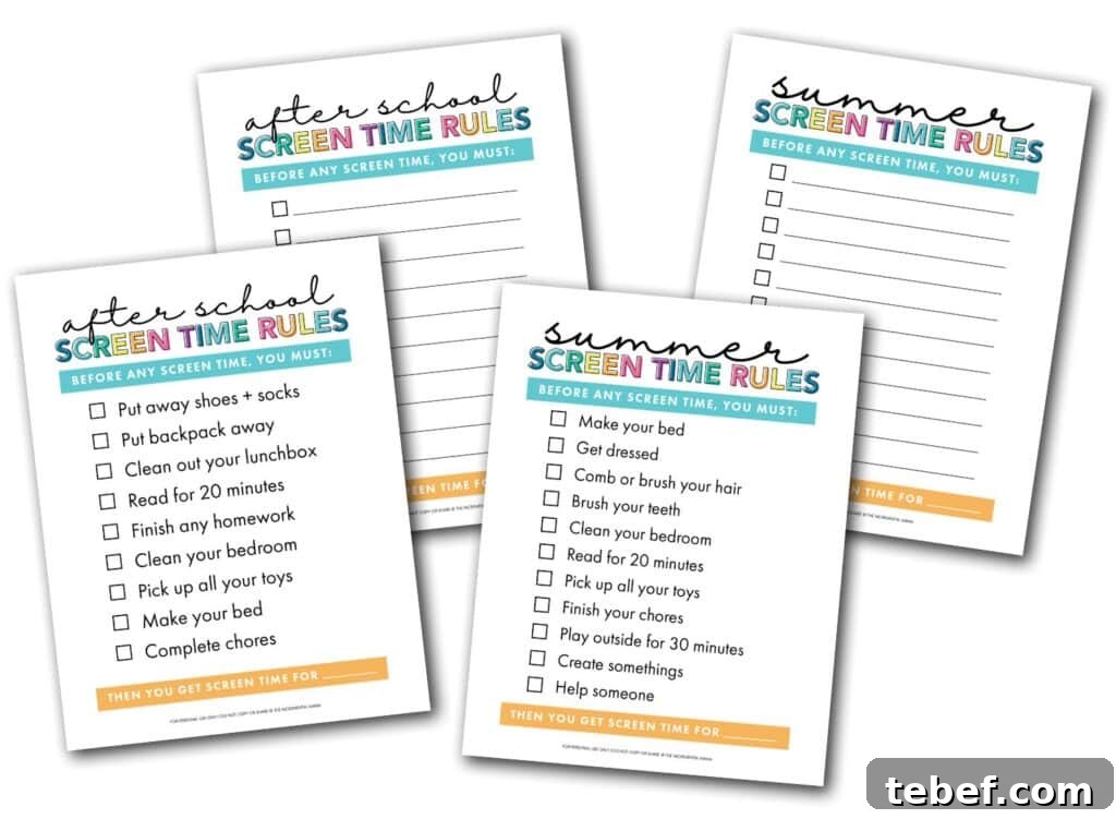 Printable Kids Screen Time Checklist Bundle — Daily Schedules & Limits 7 summer and after school screen time rules