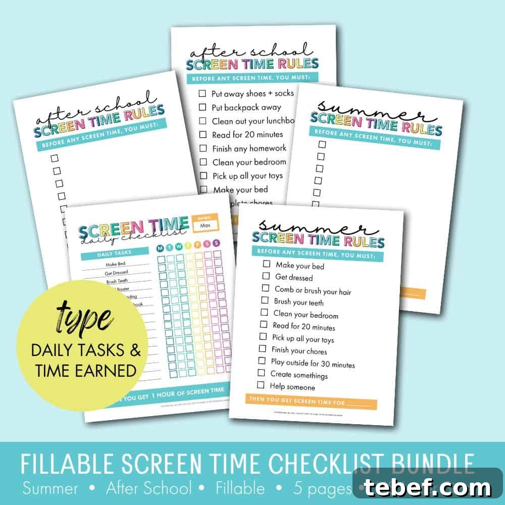 Printable Kids Screen Time Checklist Bundle — Daily Schedules & Limits 8 summer and school year screen time checklist PDFs