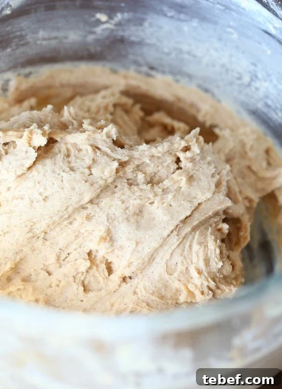 Make the dough. Snickerdoodle cookie dough combined in a glass mixing bowl.