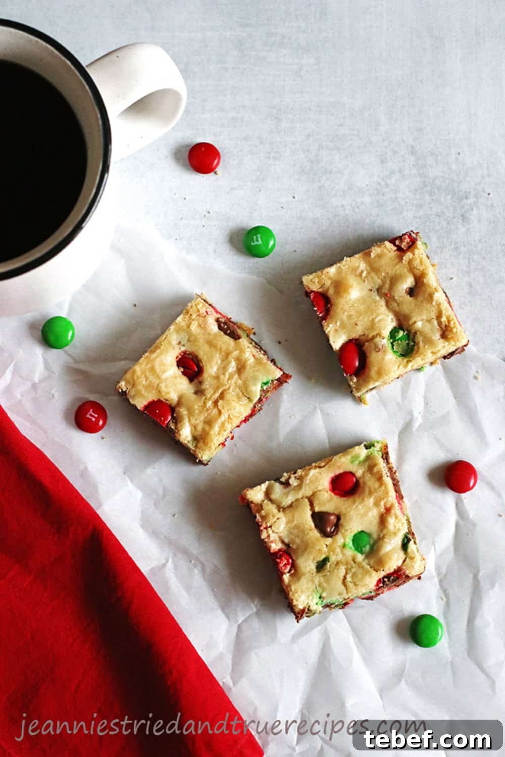 Chewy Cookie Bars Recipe: Gooey Chocolate Chip Squares 6 Cookie Bars cut into squares with a cup of coffee
