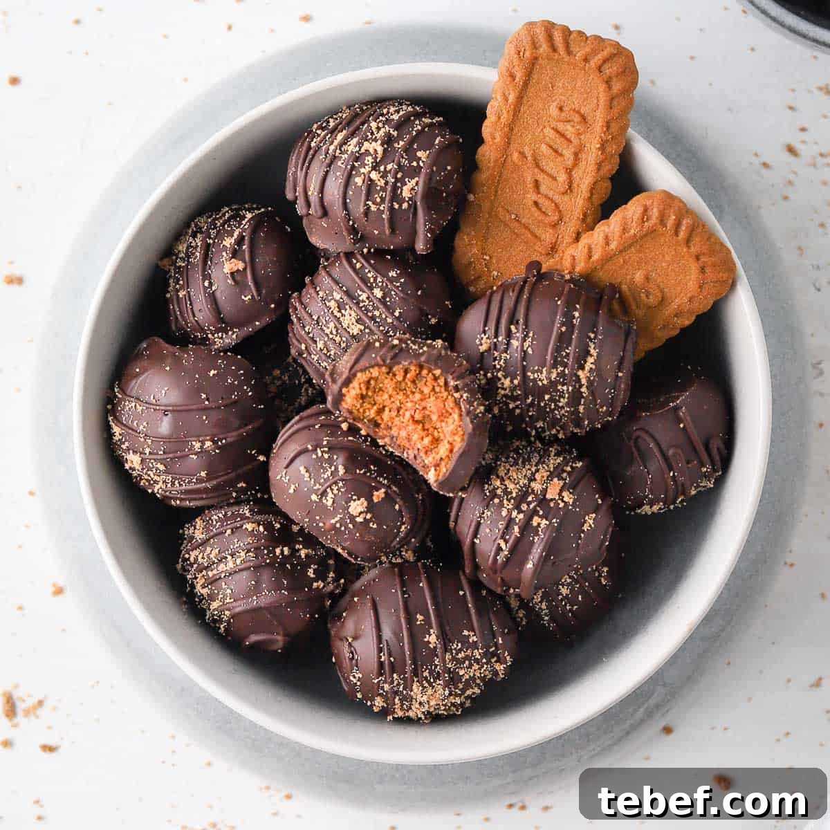 Decadent Biscoff Cookie Butter Truffles Recipe 2 Truffles from above in a grey bowl with biscoff cookies.