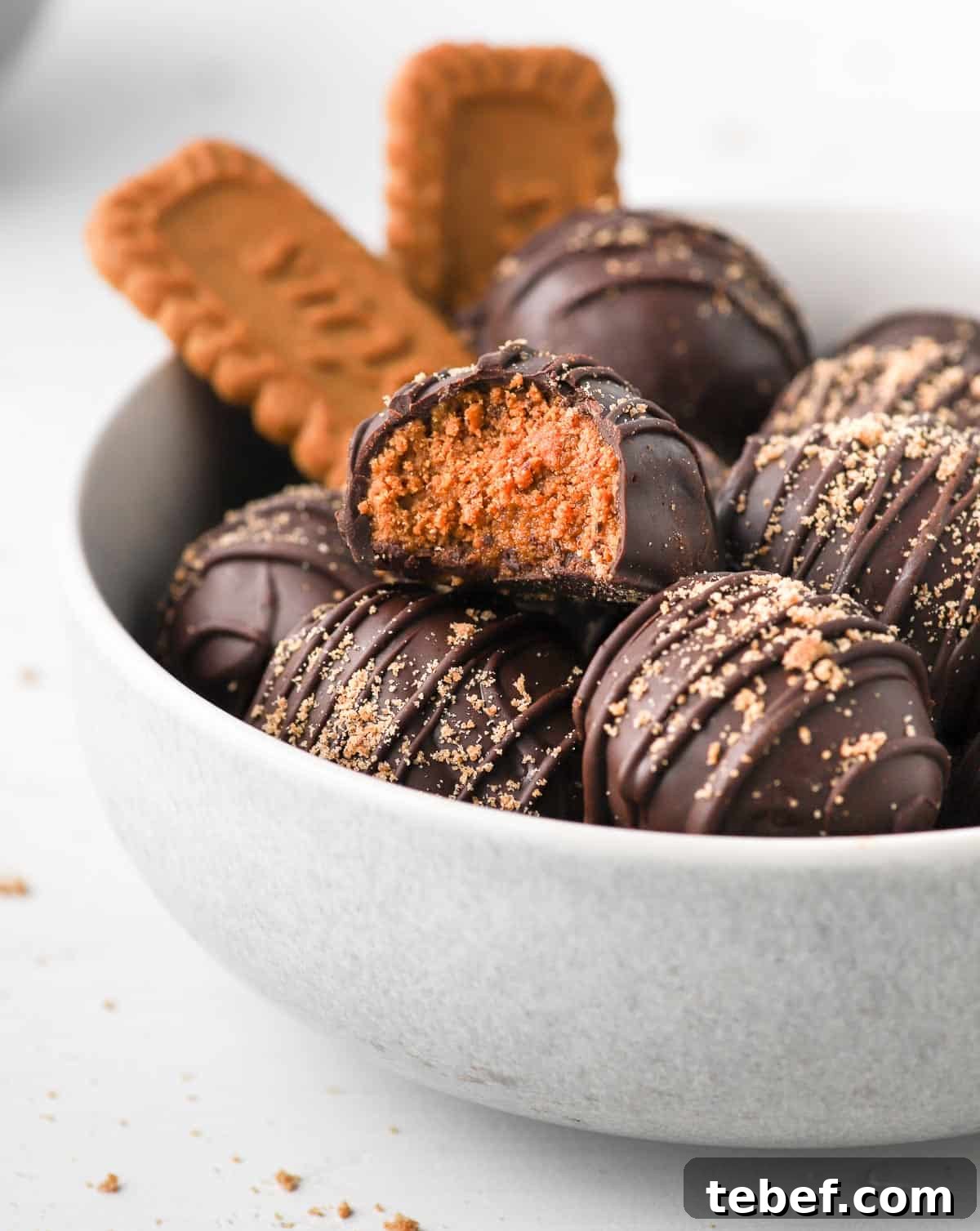 Decadent Biscoff Cookie Butter Truffles Recipe 4 Biscoff Balls in a grey bowl.